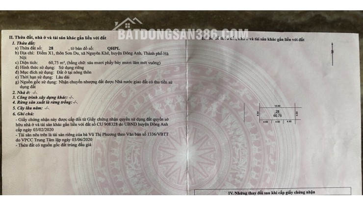  Bán đất đấu giá X1 Sơn Du Nguyên Khê. Đất cạnh trục đường Võ Nguyên Giáp